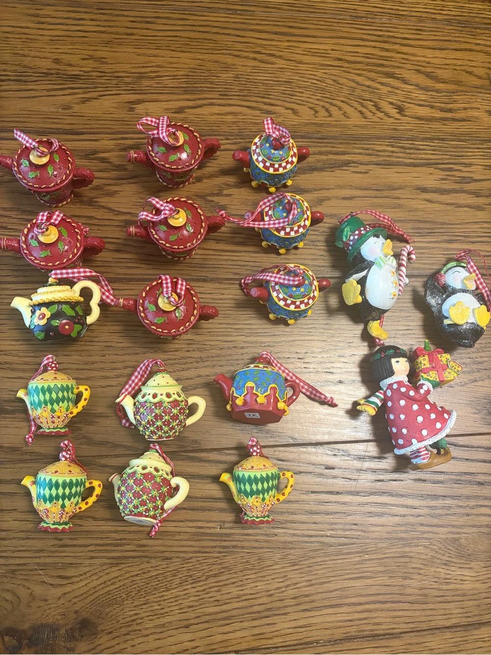 Mary Engelbreit Tea Pot Ornaments - Red, Yellow, Green